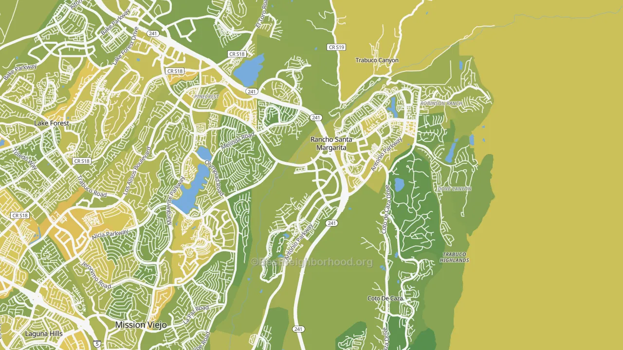 Map of the best neighborhoods in the Rancho Santa Margarita area, with better matches in green and worse matches in red