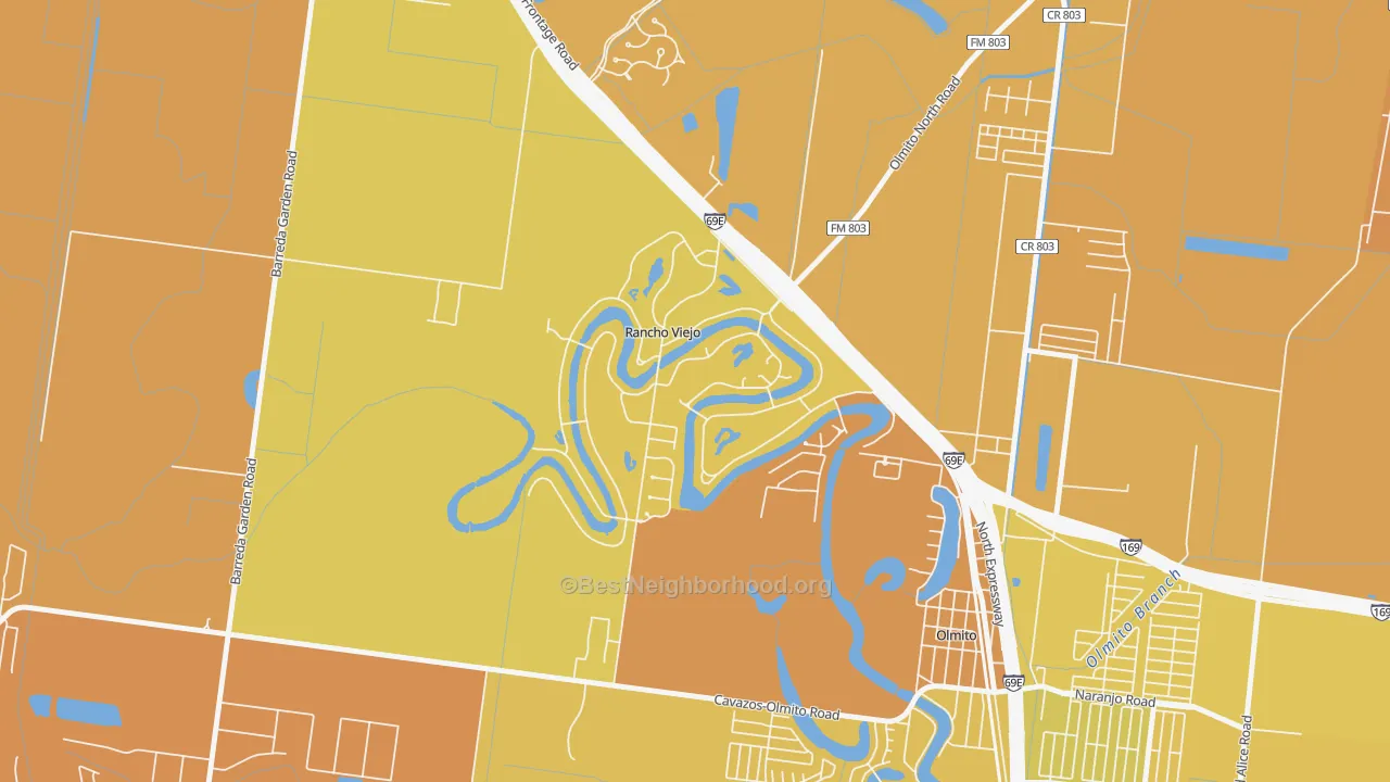 Map of the best neighborhoods in the Rancho Viejo area, with better matches in green and worse matches in red