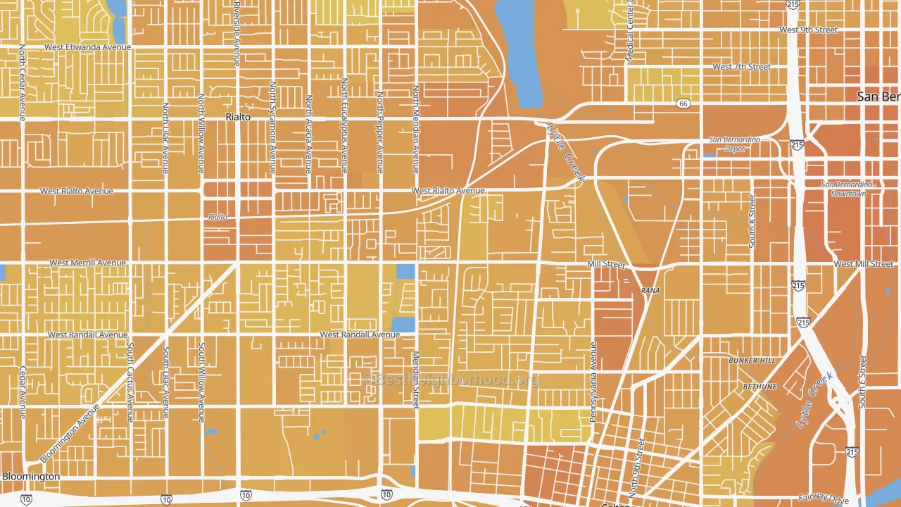 Map of the best neighborhoods in the Rancho West, San Bernardino area, with better matches in green and worse matches in red