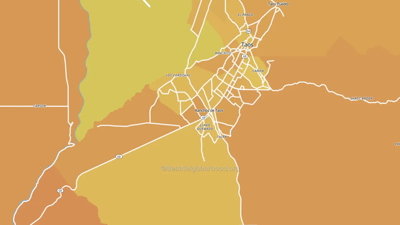Map of the best neighborhoods in the Ranchos de Taos area, with better matches in green and worse matches in red