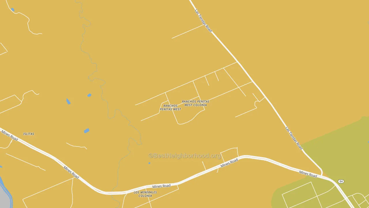 Map of the best neighborhoods in the Ranchos Penitas West area, with better matches in green and worse matches in red