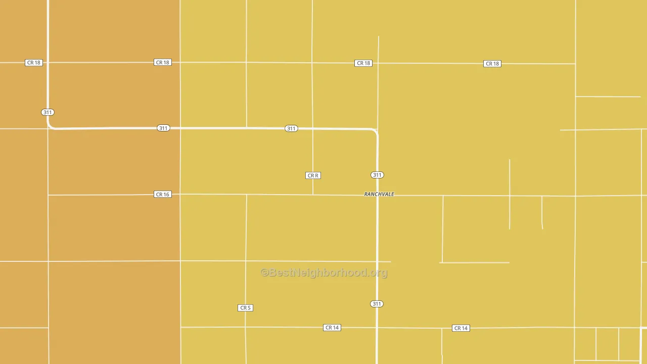 Map of the best neighborhoods in the Ranchvale area, with better matches in green and worse matches in red