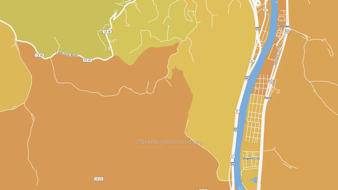 Map of the best neighborhoods in the Rand area, with better matches in green and worse matches in red