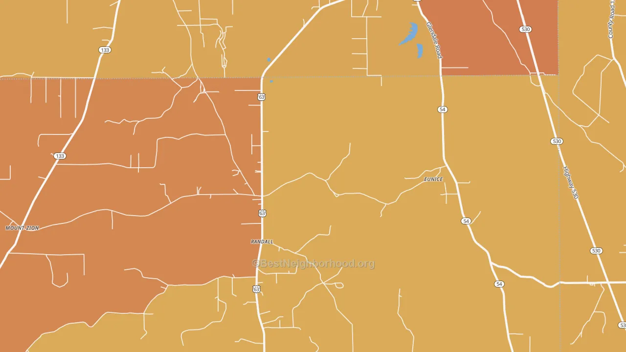 Map of the best neighborhoods in the Randall area, with better matches in green and worse matches in red