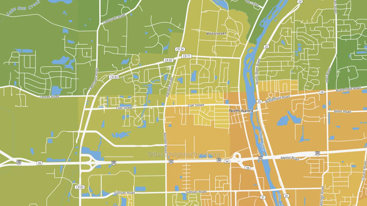 Map of the best neighborhoods in the Randall Hills, North Aurora area, with better matches in green and worse matches in red