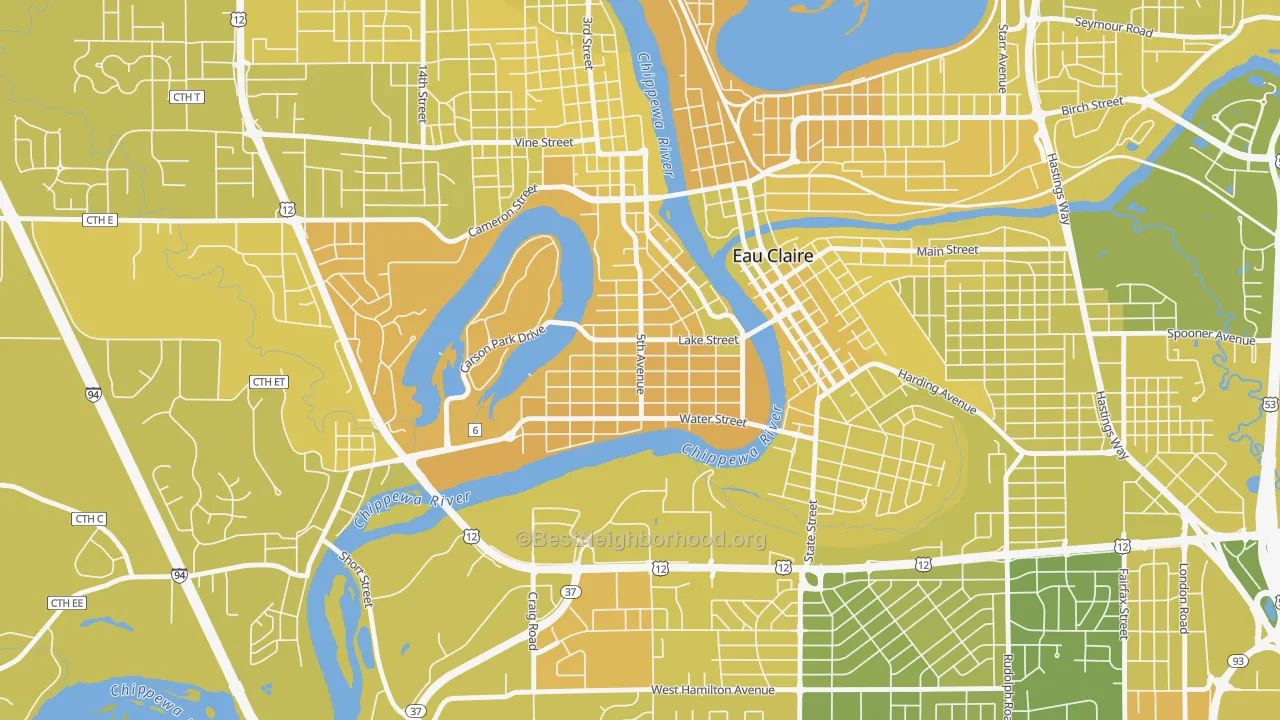 Map of the best neighborhoods in the Randall Park, Eau Claire area, with better matches in green and worse matches in red
