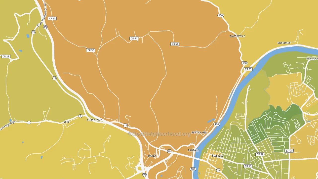 Map of the best neighborhoods in the Randall area, with better matches in green and worse matches in red