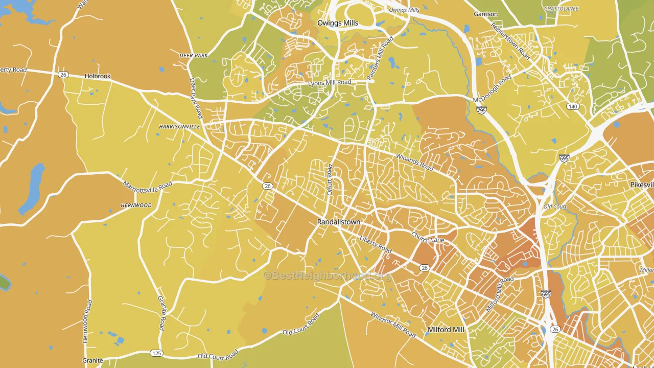 Map of the best neighborhoods in the Randallstown area, with better matches in green and worse matches in red
