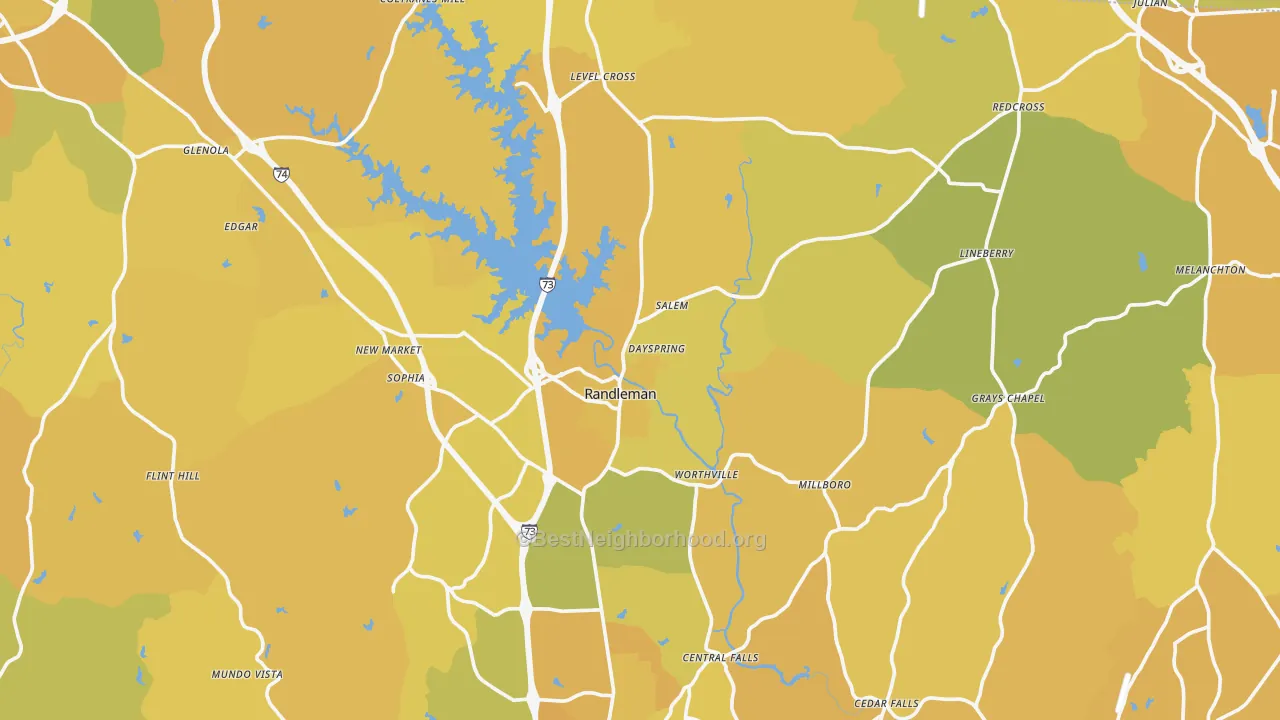 Map of the best neighborhoods in the Randleman area, with better matches in green and worse matches in red