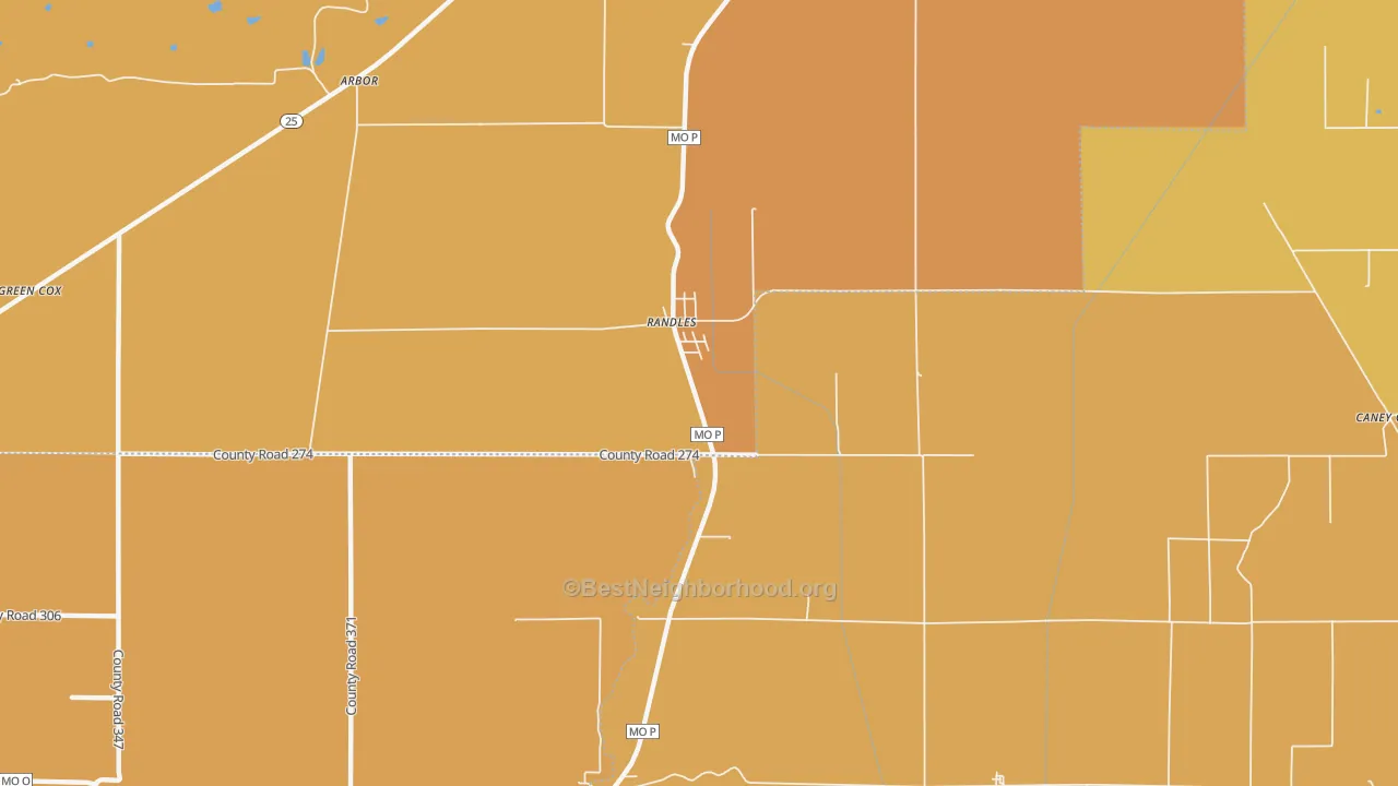 Map of the best neighborhoods in the Randles area, with better matches in green and worse matches in red