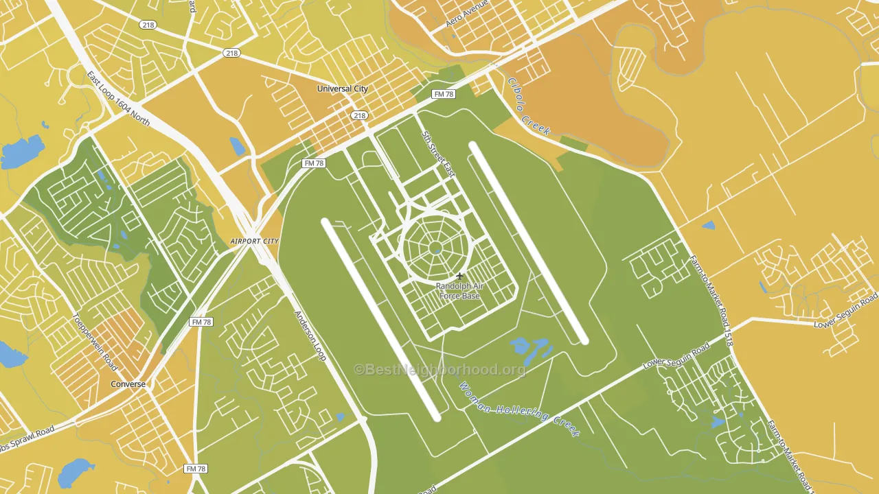 Map of the best neighborhoods in the Randolph AFB area, with better matches in green and worse matches in red