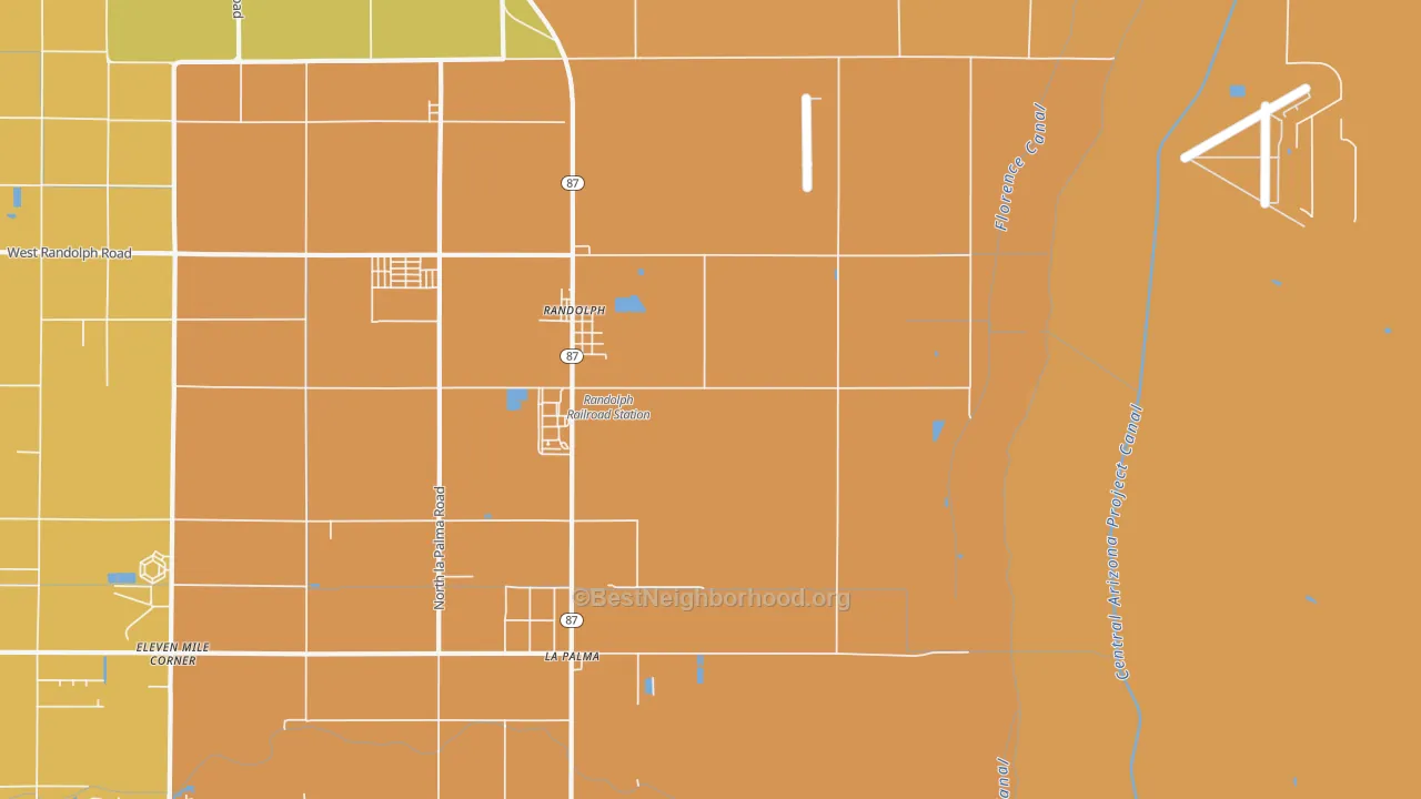 Map of the best neighborhoods in the Randolph area, with better matches in green and worse matches in red