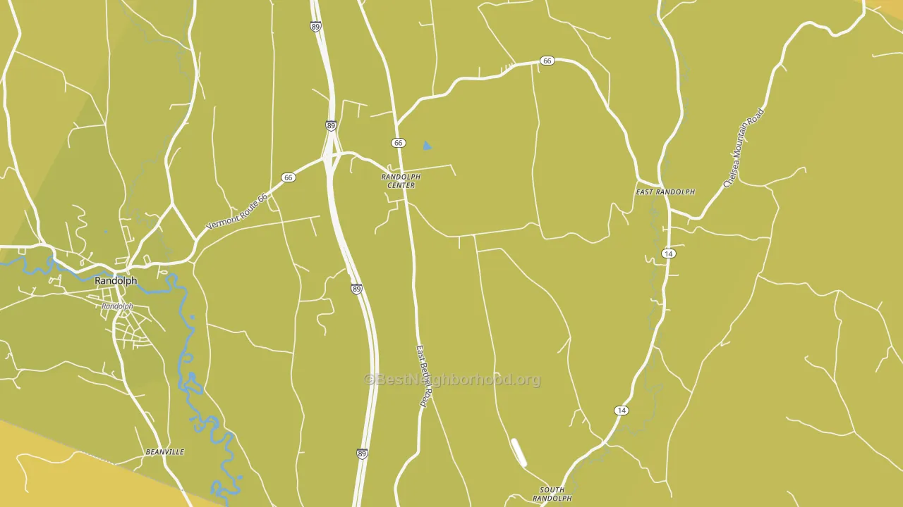 Map of the best neighborhoods in the Randolph Center area, with better matches in green and worse matches in red