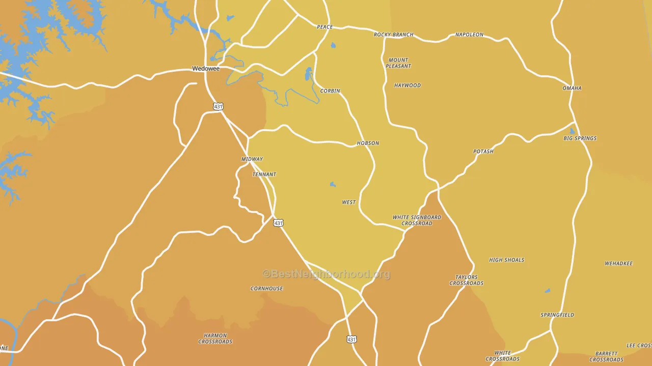 Map of the best neighborhoods in the Randolph County area, with better matches in green and worse matches in red