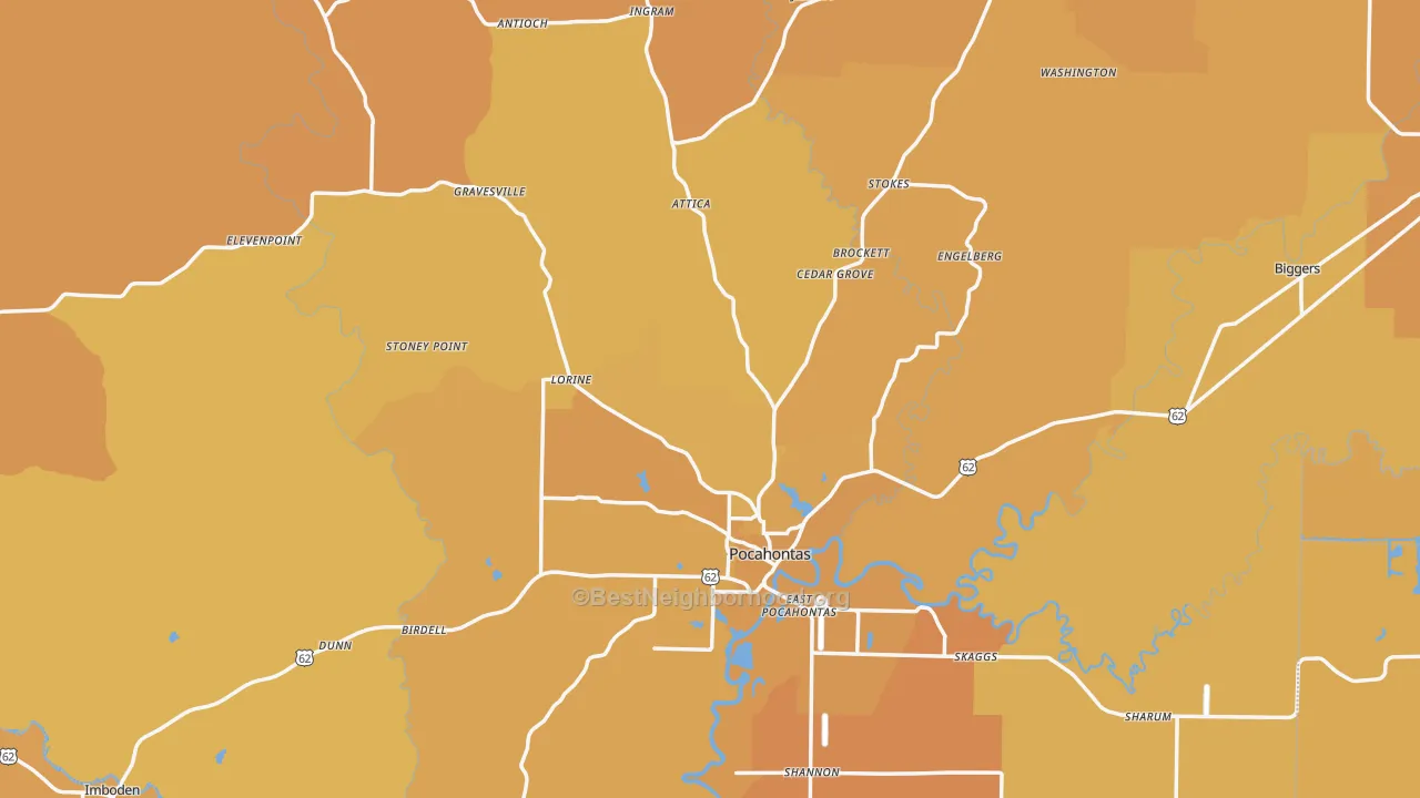 Map of the best neighborhoods in the Randolph County area, with better matches in green and worse matches in red