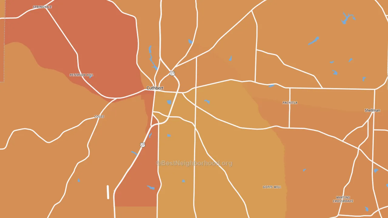 Map of the best neighborhoods in the Randolph County area, with better matches in green and worse matches in red