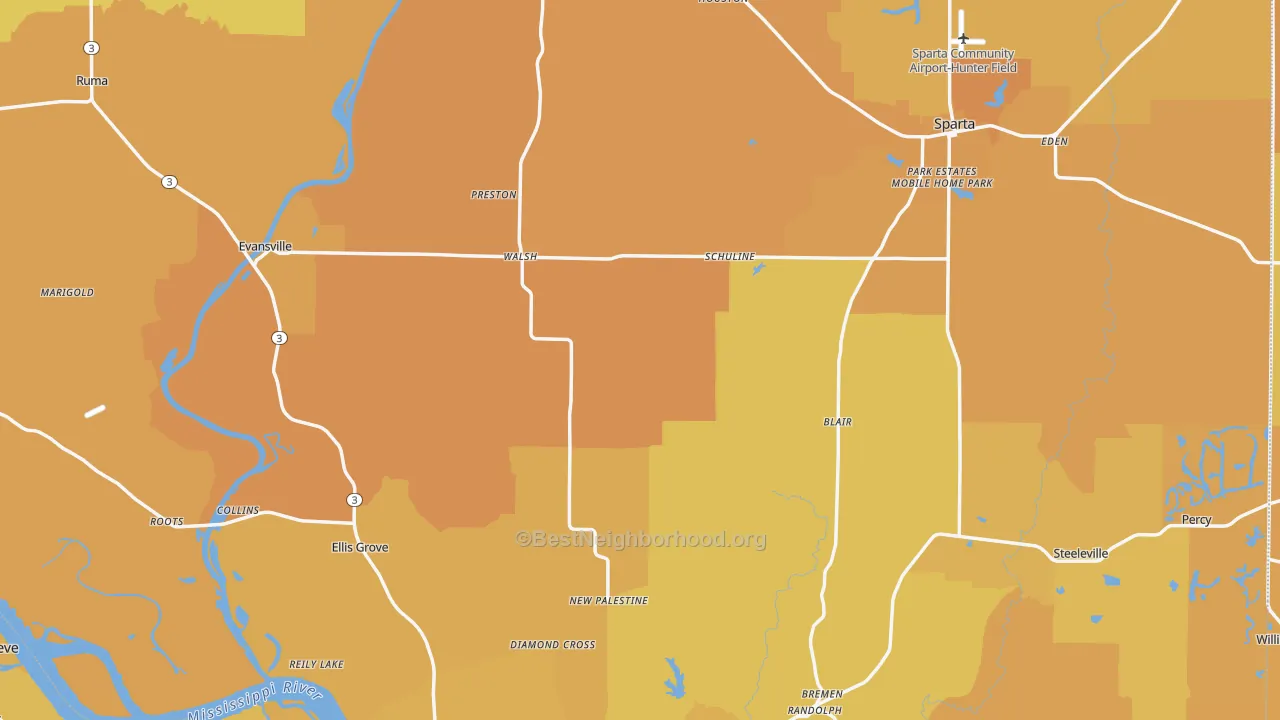Map of the best neighborhoods in the Randolph County area, with better matches in green and worse matches in red