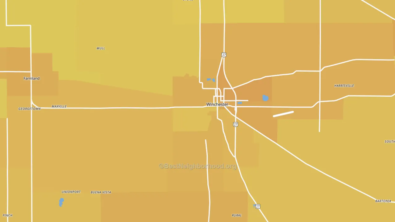 Map of the best neighborhoods in the Randolph County area, with better matches in green and worse matches in red