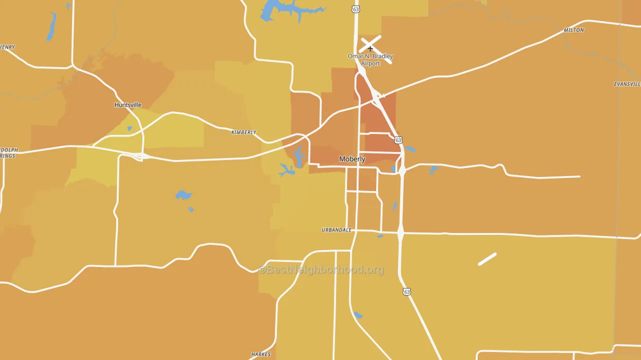 Map of the best neighborhoods in the Randolph County area, with better matches in green and worse matches in red