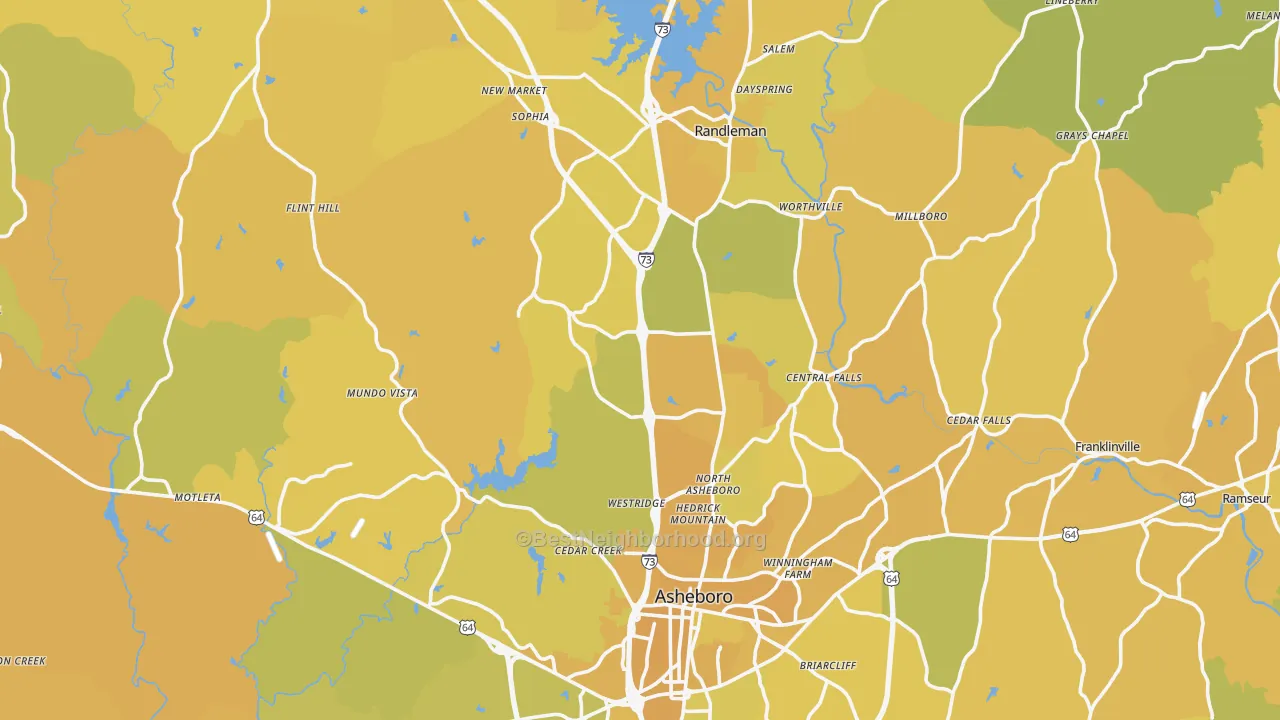 Map of the best neighborhoods in the Randolph County area, with better matches in green and worse matches in red