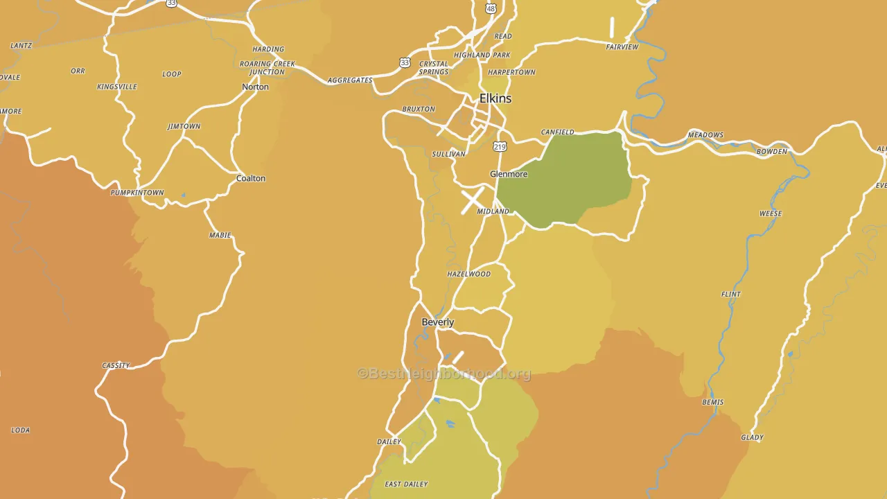 Map of the best neighborhoods in the Randolph County area, with better matches in green and worse matches in red