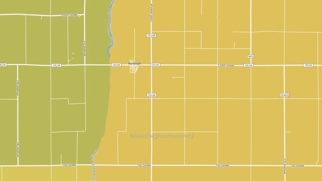 Map of the best neighborhoods in the Randolph area, with better matches in green and worse matches in red