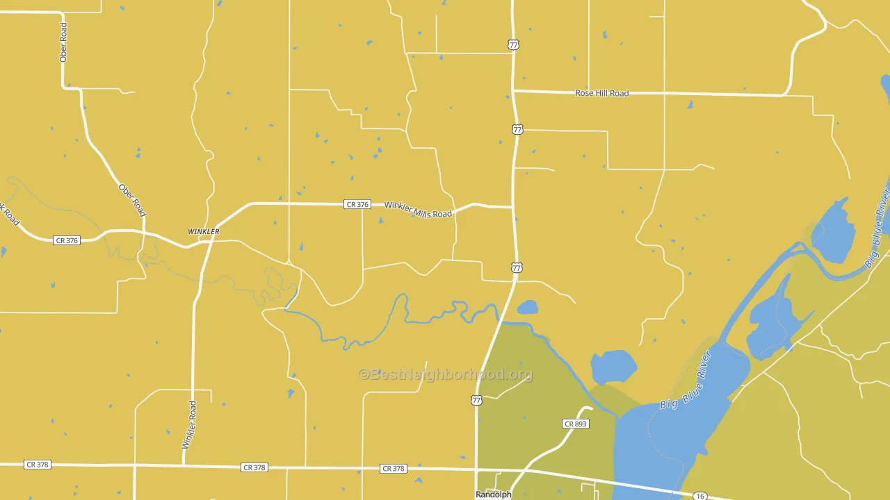 Map of the best neighborhoods in the Randolph area, with better matches in green and worse matches in red