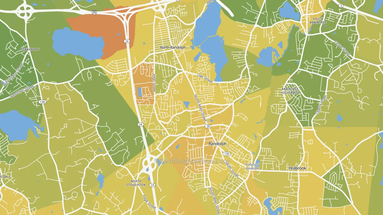 Map of the best neighborhoods in the Randolph area, with better matches in green and worse matches in red