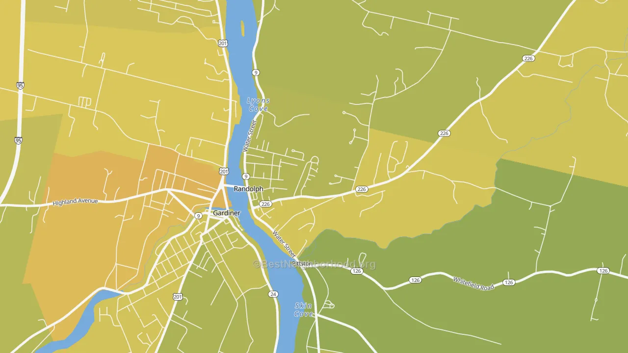Map of the best neighborhoods in the Randolph area, with better matches in green and worse matches in red
