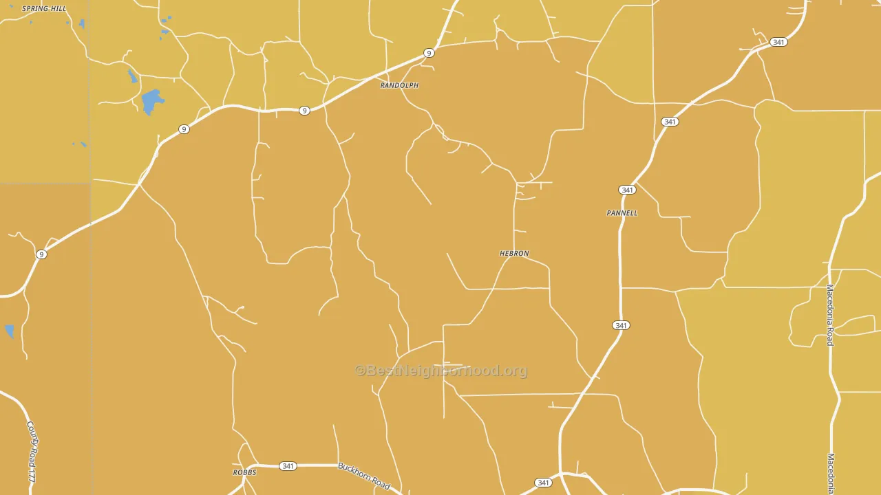 Map of the best neighborhoods in the Randolph area, with better matches in green and worse matches in red