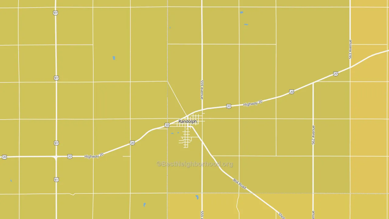 Map of the best neighborhoods in the Randolph area, with better matches in green and worse matches in red