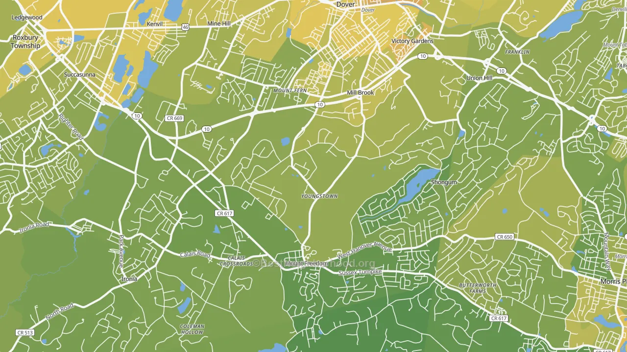 Map of the best neighborhoods in the Randolph area, with better matches in green and worse matches in red