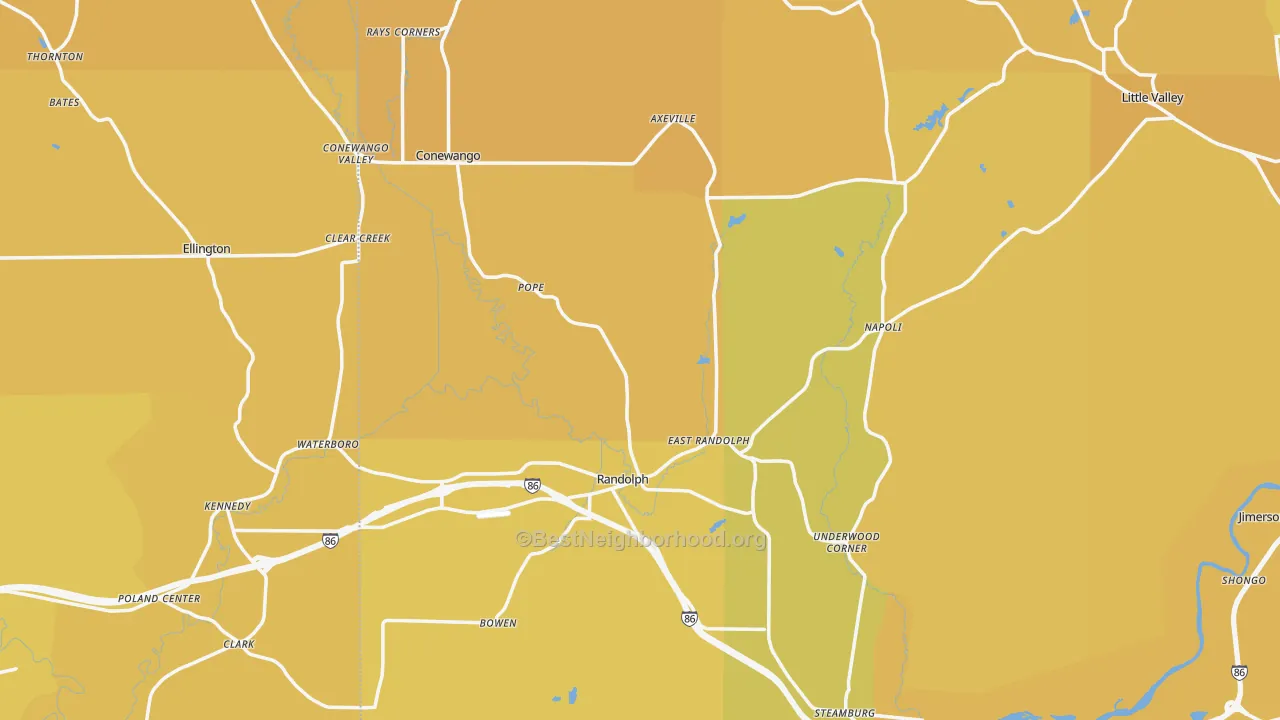 Map of the best neighborhoods in the Randolph area, with better matches in green and worse matches in red