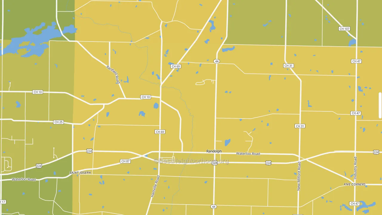 Map of the best neighborhoods in the Randolph area, with better matches in green and worse matches in red