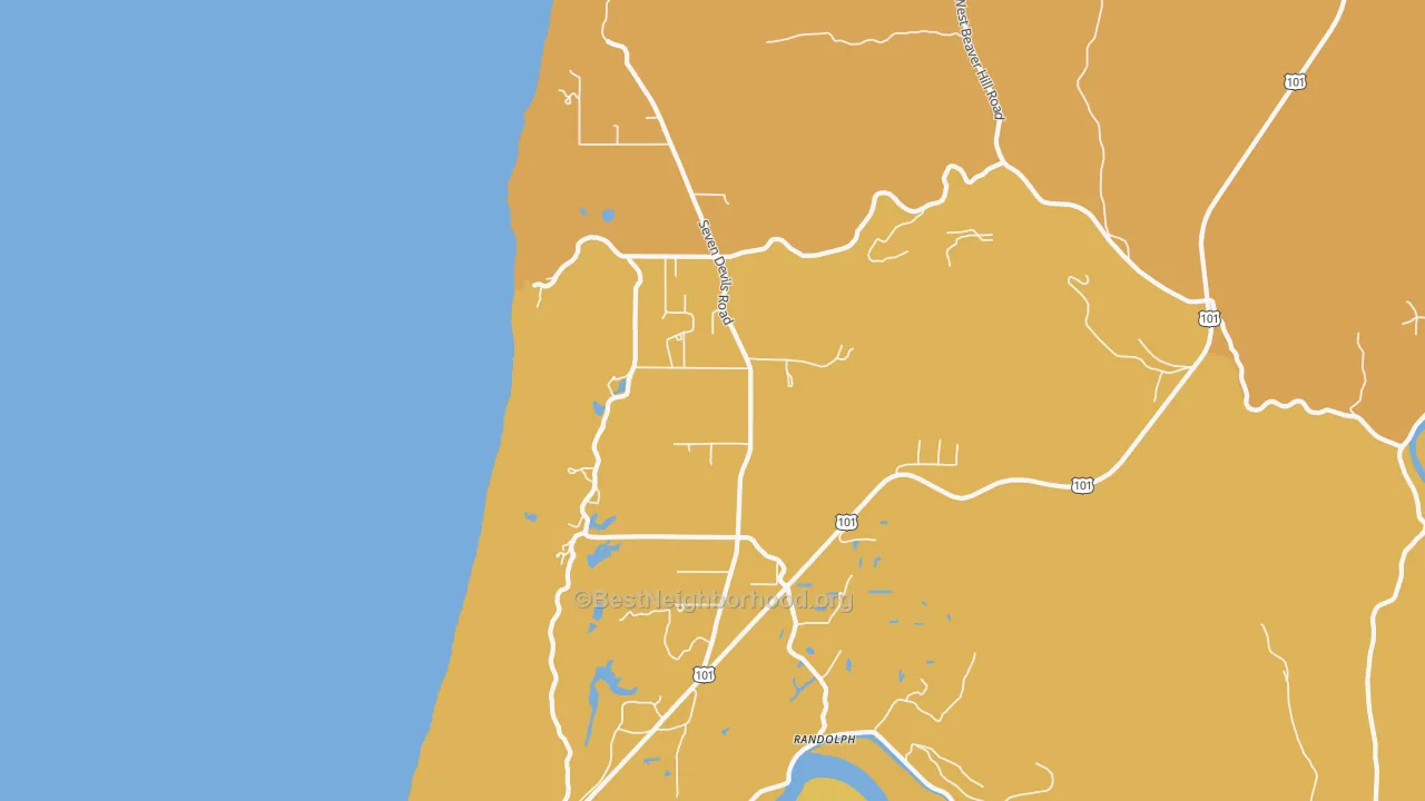 Map of the best neighborhoods in the Randolph area, with better matches in green and worse matches in red