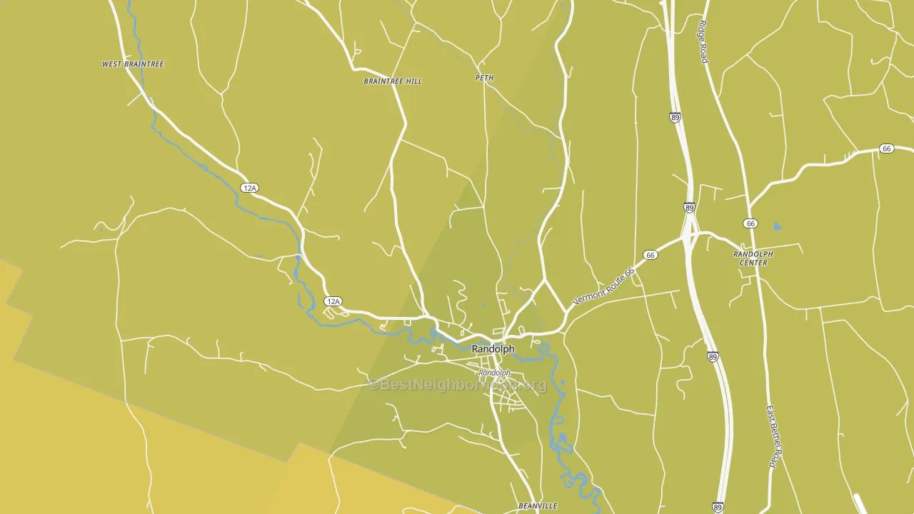 Map of the best neighborhoods in the Randolph area, with better matches in green and worse matches in red