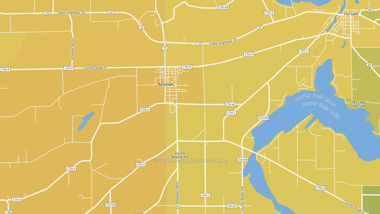 Map of the best neighborhoods in the Randolph area, with better matches in green and worse matches in red