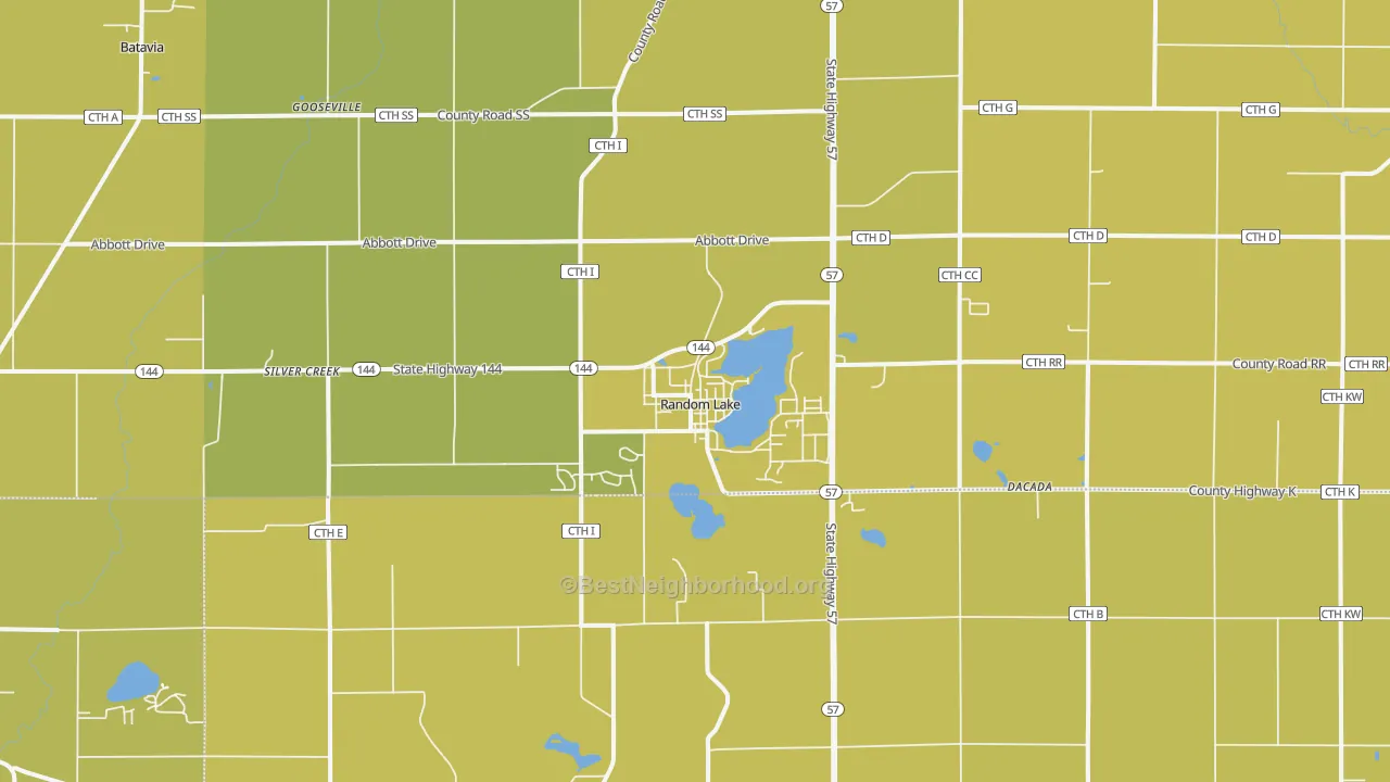 Map of the best neighborhoods in the Random Lake area, with better matches in green and worse matches in red