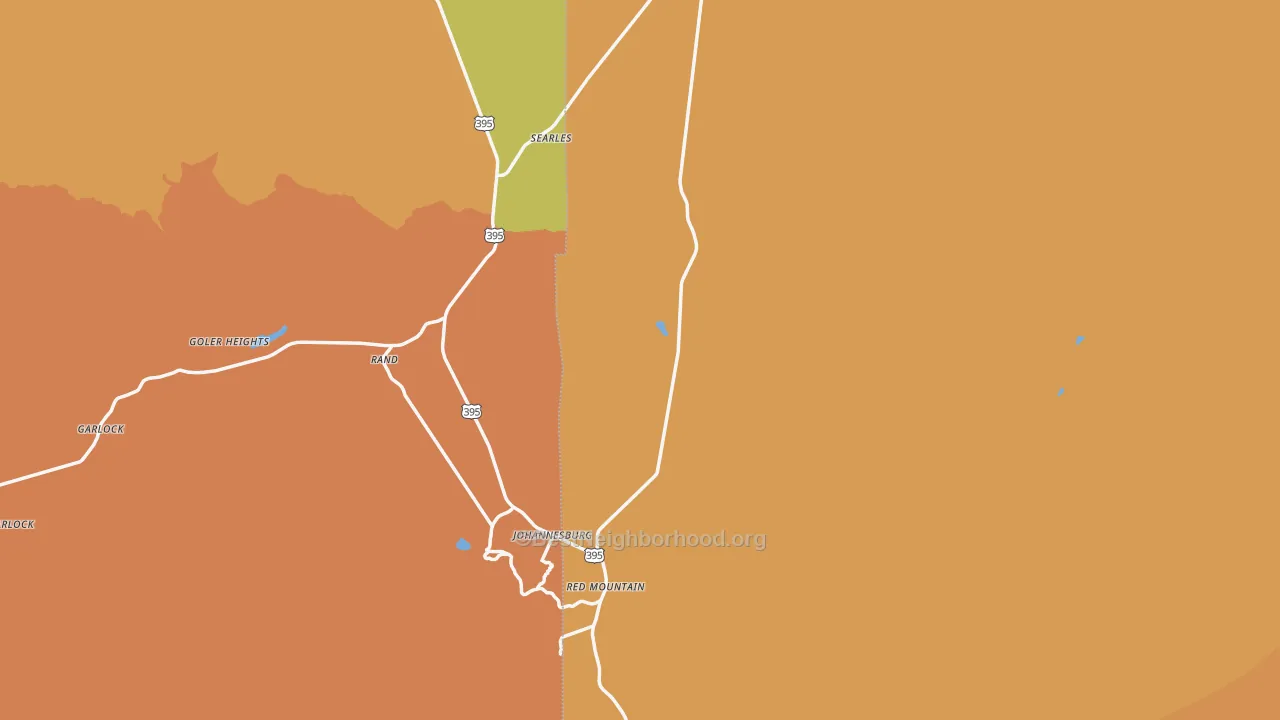 Map of the best neighborhoods in the Randsburg area, with better matches in green and worse matches in red