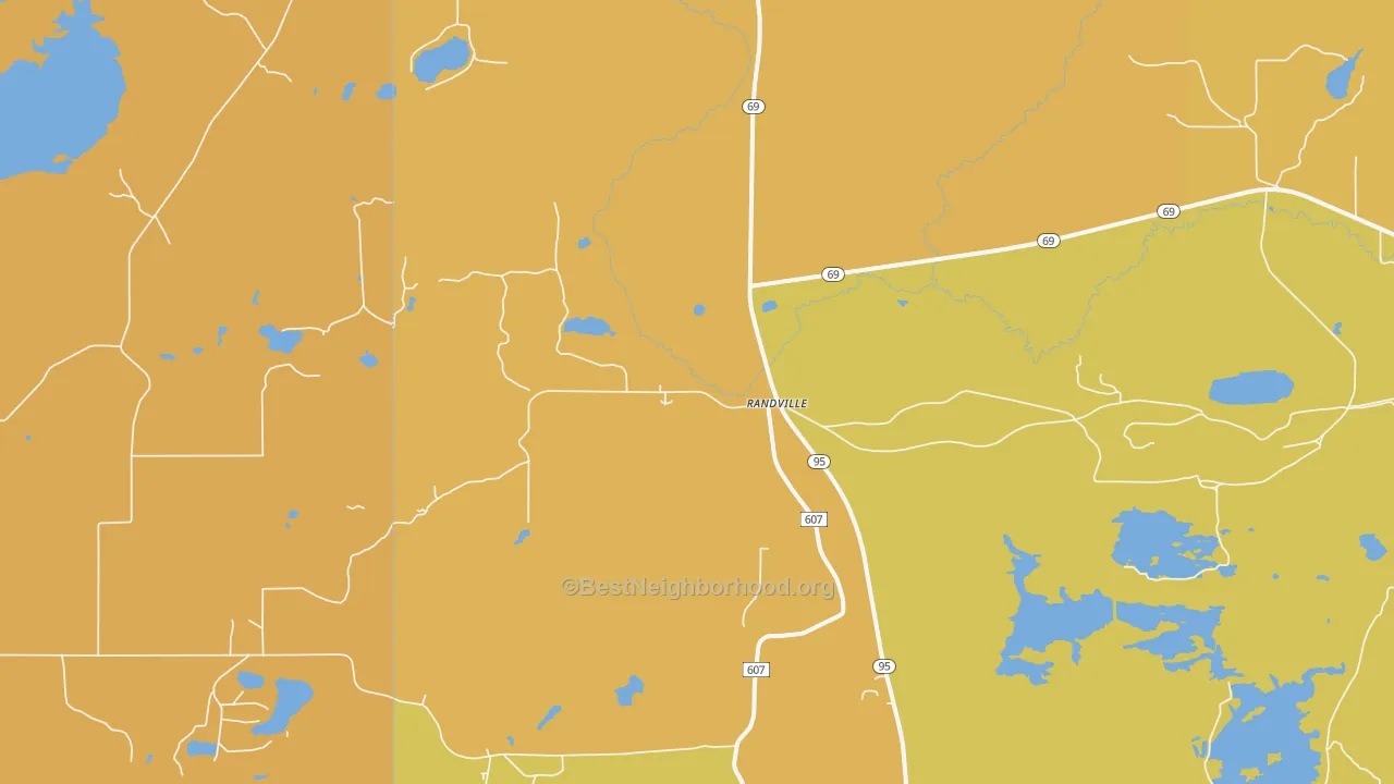 Map of the best neighborhoods in the Randville area, with better matches in green and worse matches in red