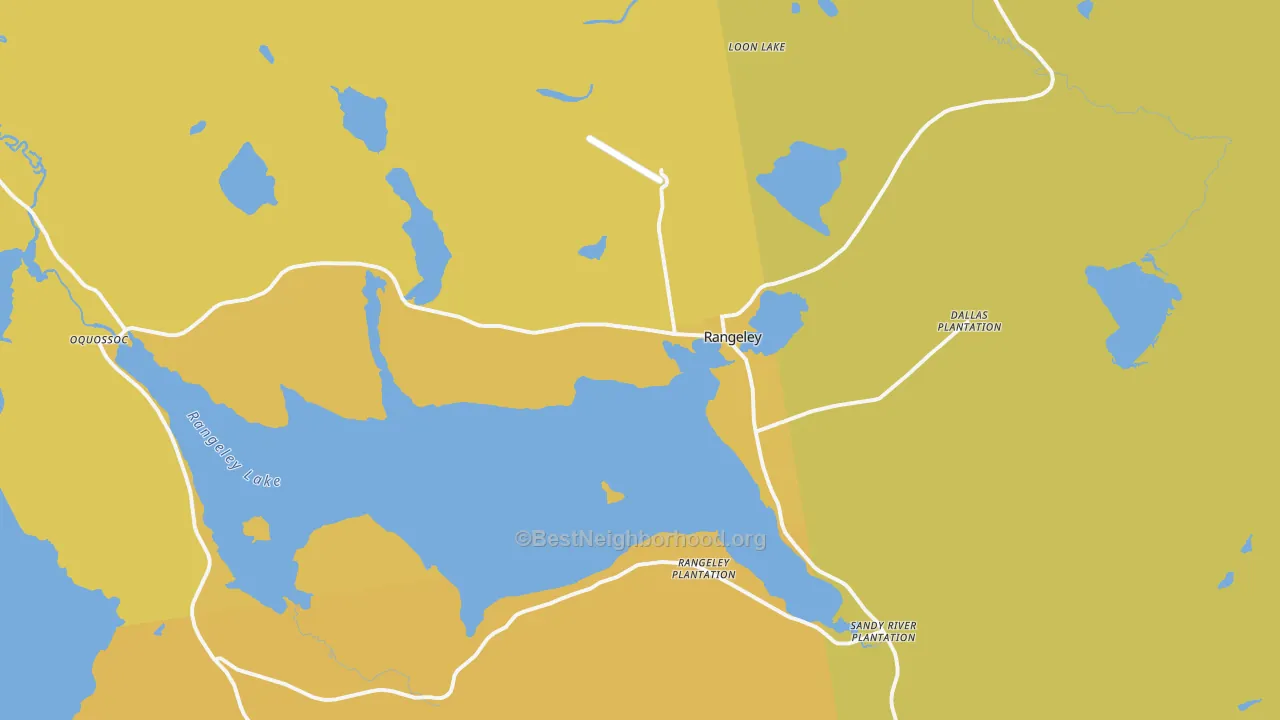 Map of the best neighborhoods in the Rangeley area, with better matches in green and worse matches in red