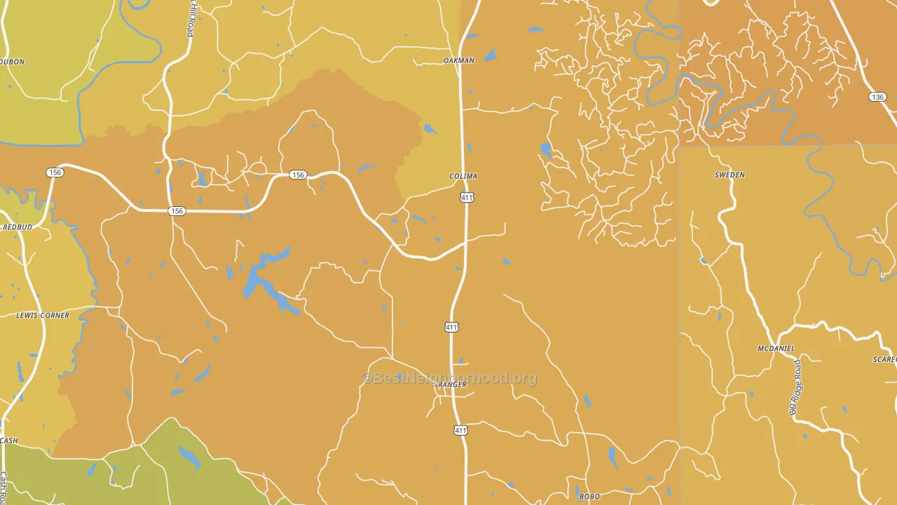 Map of the best neighborhoods in the Ranger area, with better matches in green and worse matches in red