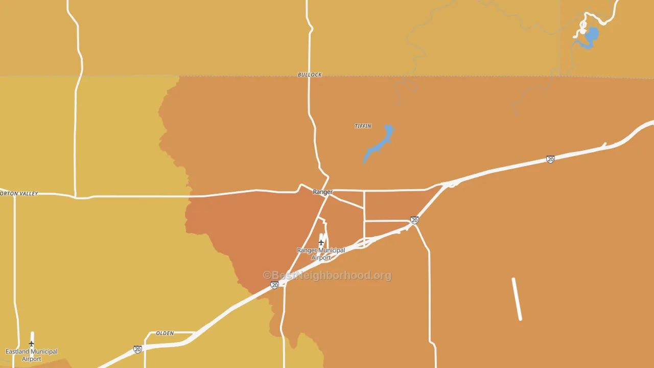 Map of the best neighborhoods in the Ranger area, with better matches in green and worse matches in red