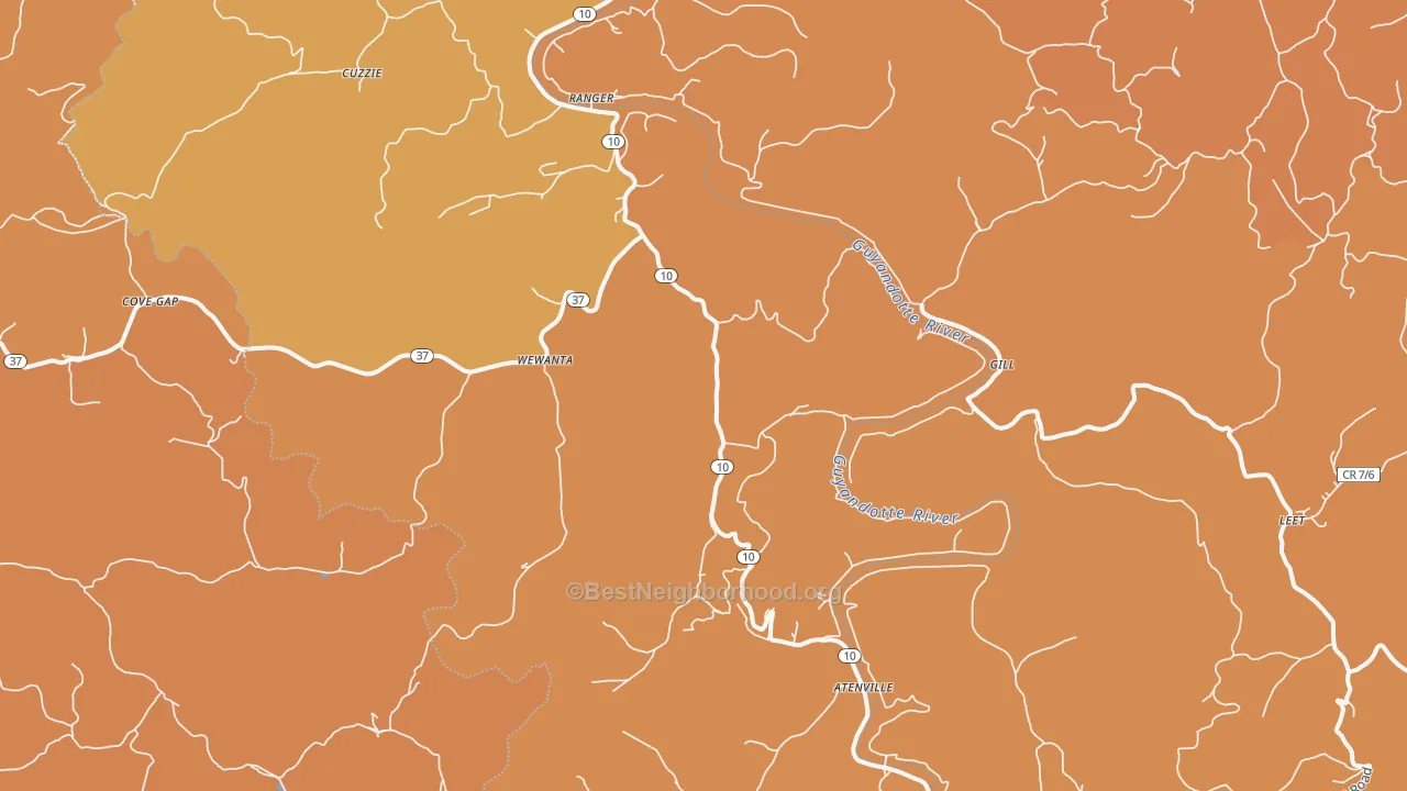 Map of the best neighborhoods in the Ranger area, with better matches in green and worse matches in red