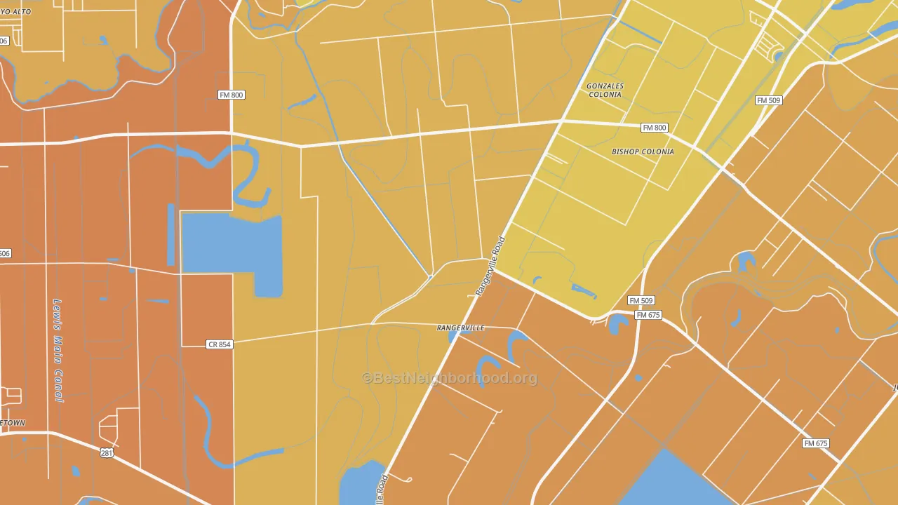 Map of the best neighborhoods in the Rangerville area, with better matches in green and worse matches in red