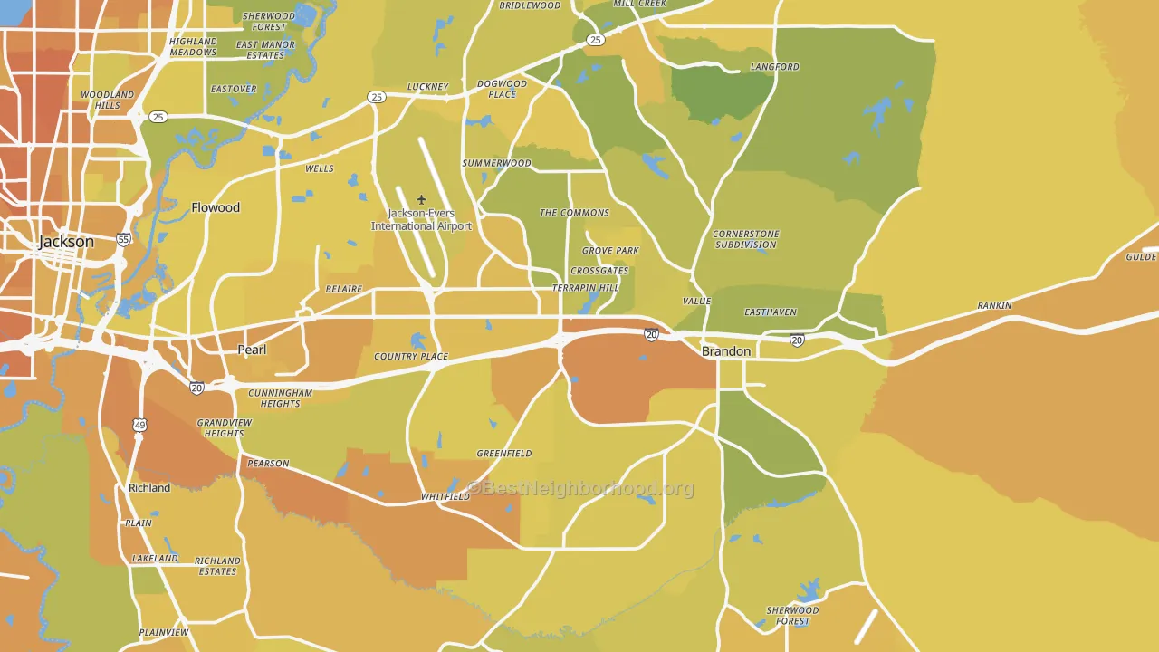 Map of the best neighborhoods in the Rankin County area, with better matches in green and worse matches in red