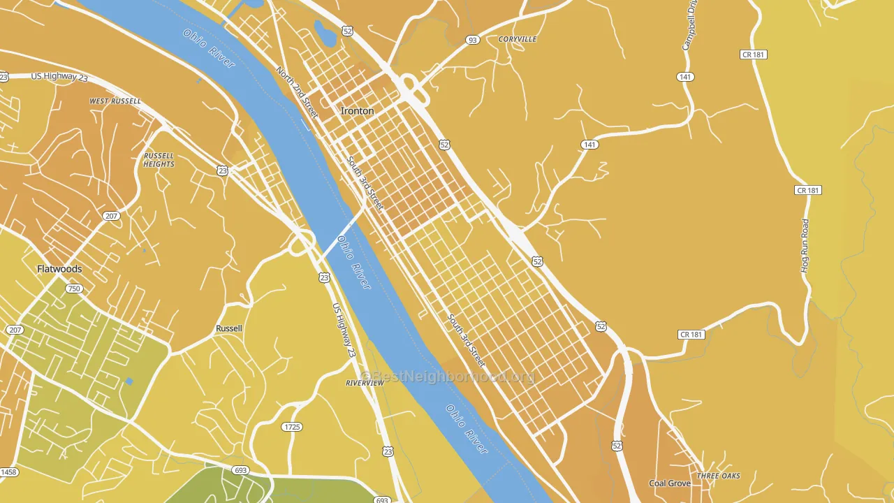 Map of the best neighborhoods in the Rankin Historic District, Ironton area, with better matches in green and worse matches in red