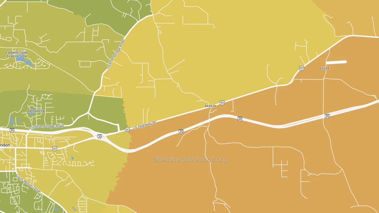 Map of the best neighborhoods in the Rankin area, with better matches in green and worse matches in red