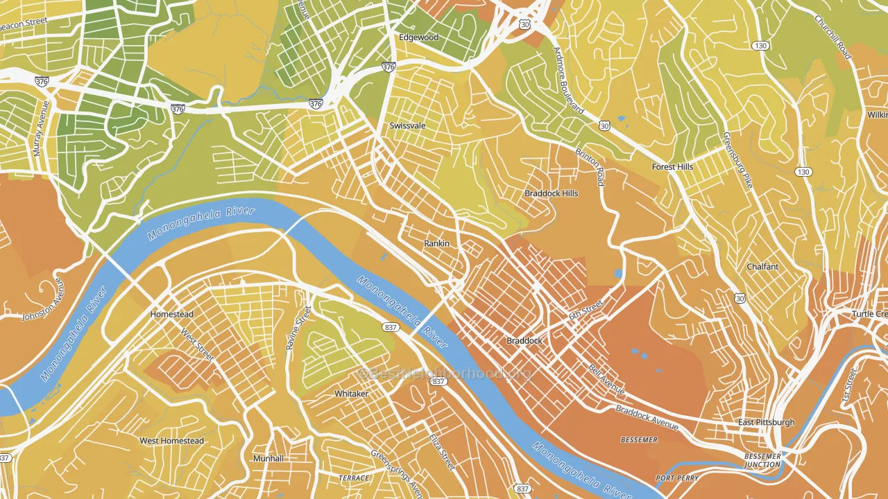 Map of the best neighborhoods in the Rankin area, with better matches in green and worse matches in red