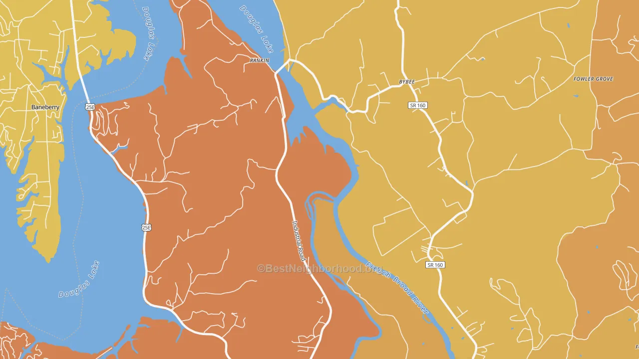 Map of the best neighborhoods in the Rankin area, with better matches in green and worse matches in red